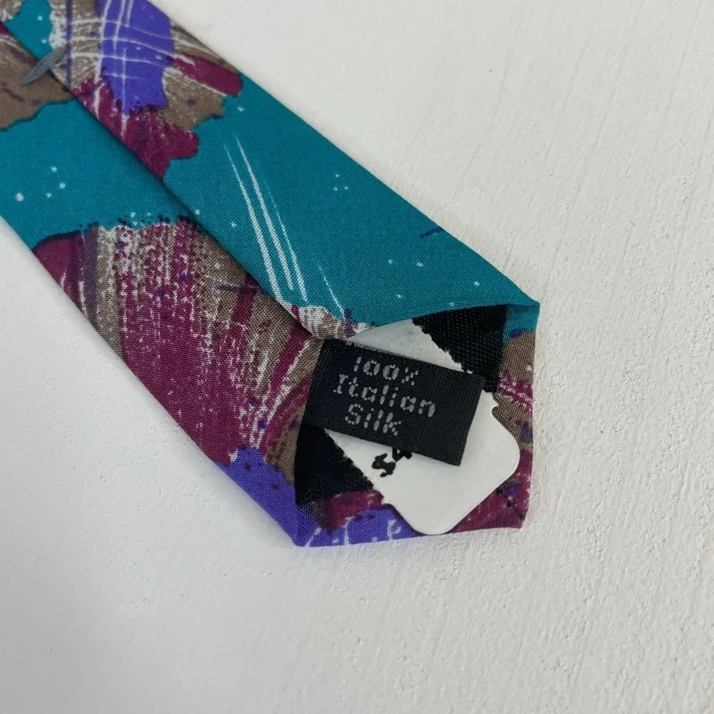 Vintage Zylos George Machado Mens ITALIAN SILK Tie Teal Purple RETRO‎ ABSTRACT